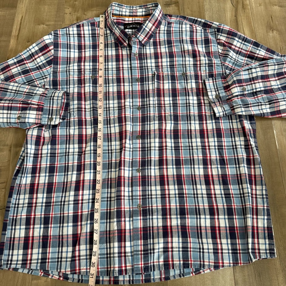 Orvis Button Up Shirt Men XXL Check Plaid Blue Red White Pocket - Picture 4 of 9